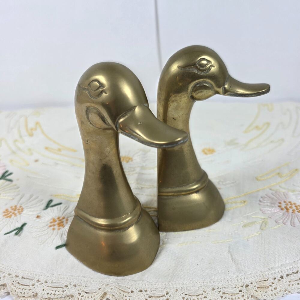 Vintage Brass Duck Goose Head Bookends Pair MCM Mallard Set 6" Tall Decor Korea